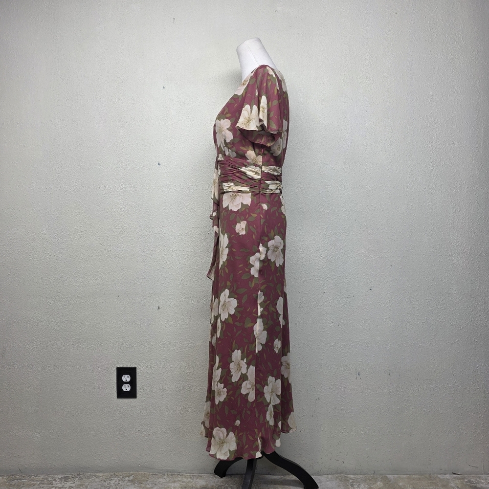 Adrianna Papell Burgundy and Cream Floral Dress Size 14 - Picture 3 of 9